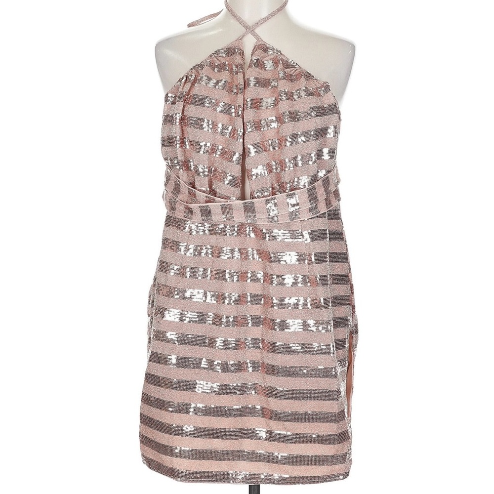 PrettyLittleThing Pink and Silver Striped Sequin Dress